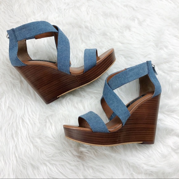 White House Black Market Shoes - White House Black Market Blue Chambray Wedge Shoes